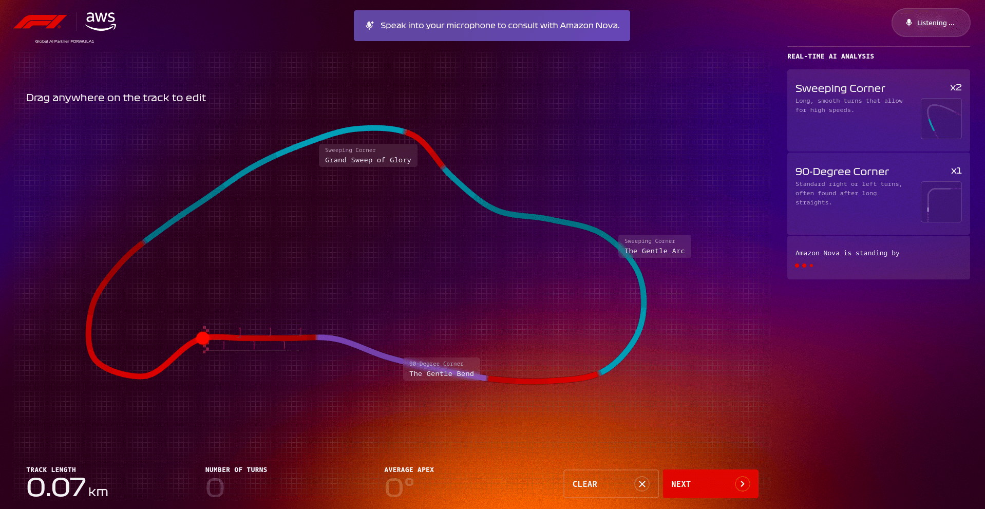 A detailed digital rendering of a Formula 1 racetrack featuring color-coded segments, labeled sections, and track metrics, set against a gradient background of purple to orange.