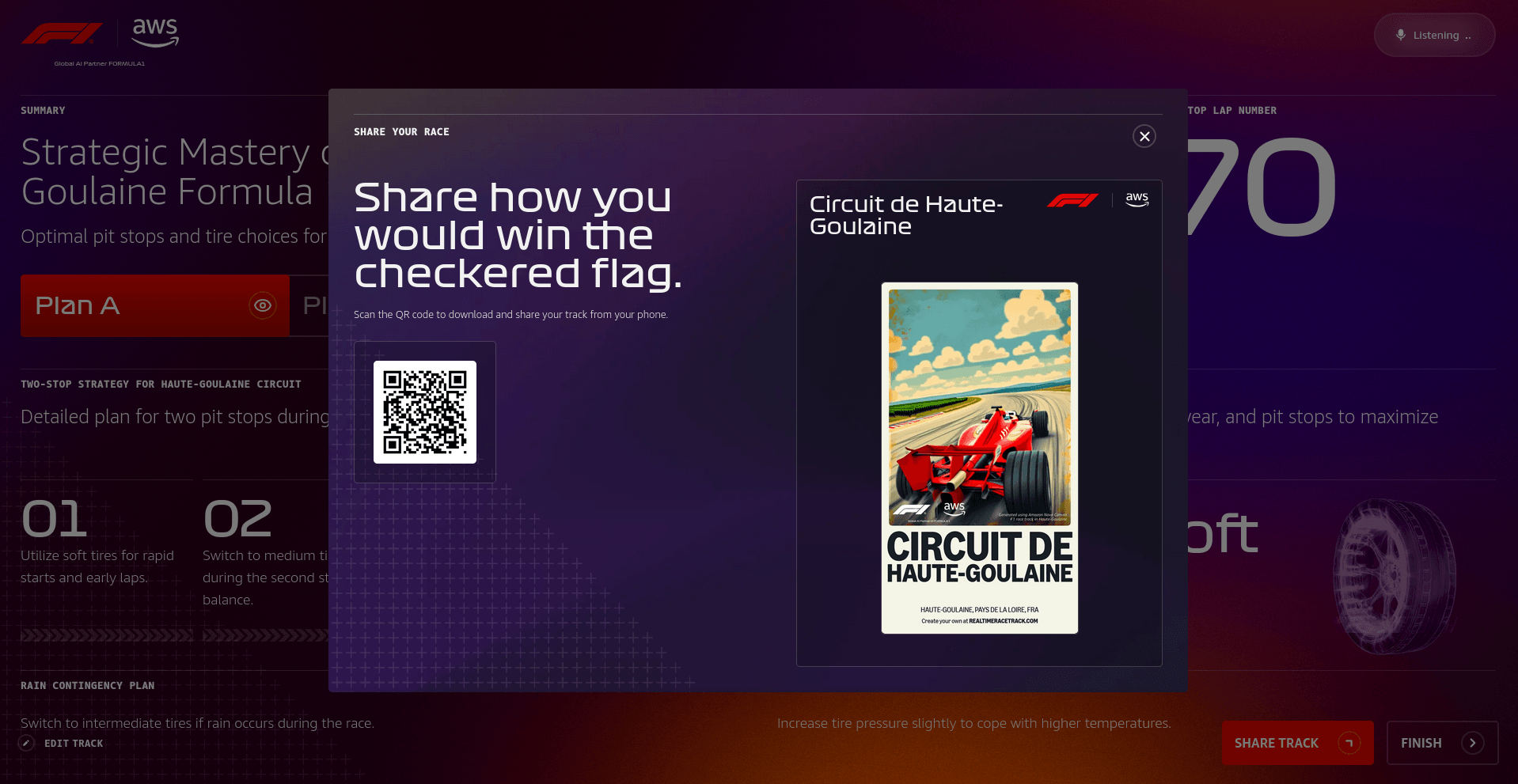 Digital interface of a Formula 1 racing simulation showcasing strategy tips, a QR code for mobile tracking, a visual of Circuit de Haute-Goulaine, and menu options for pit stop strategies against a high-tech blue and purple background.