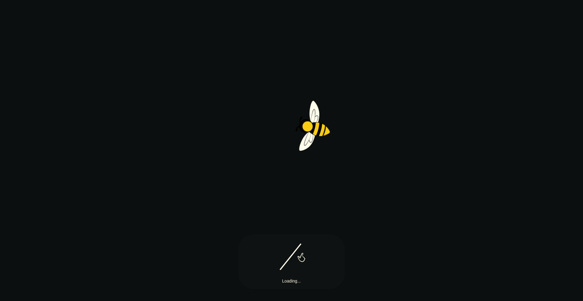 Stylized illustration of a bee with yellow and black stripes flying against a black background, featuring a minimalistic design and a loading indicator below.