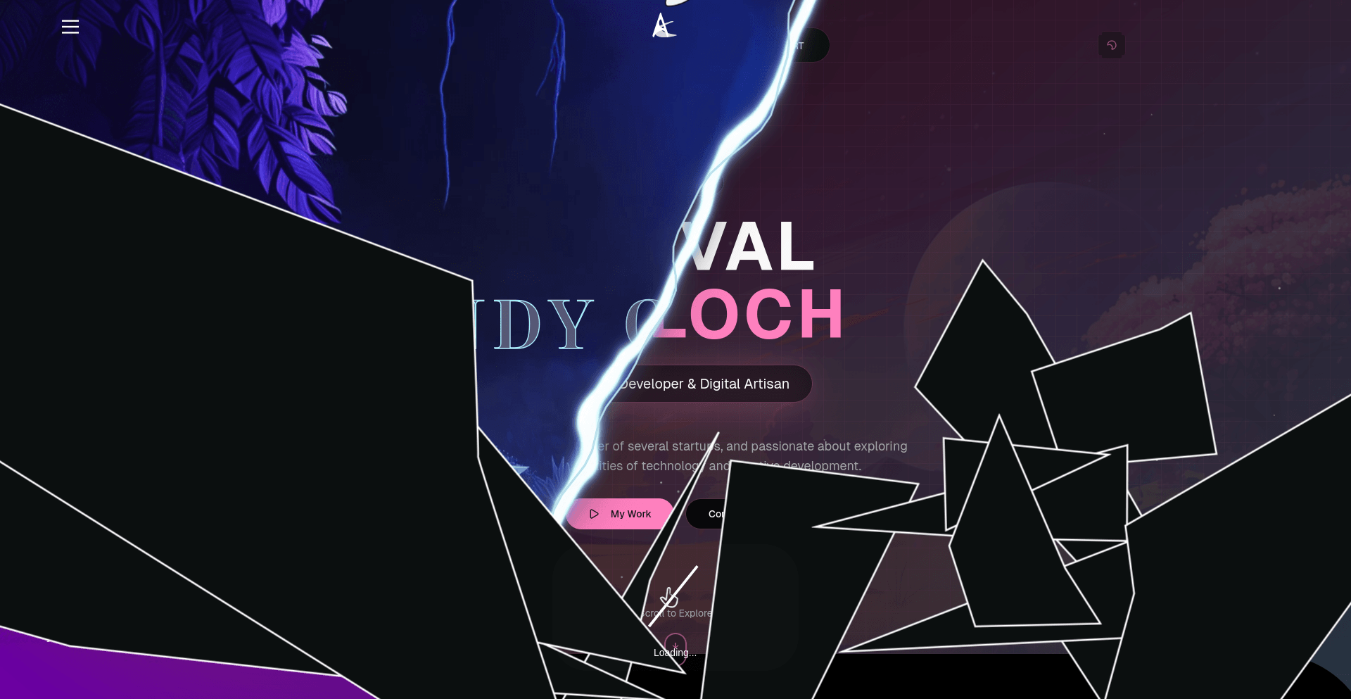 Screenshot of Eddy Cloch's digital portfolio website featuring a modern design with dark blue and purple gradient background, geometric shapes, and a call-to-action button 'My Work'.