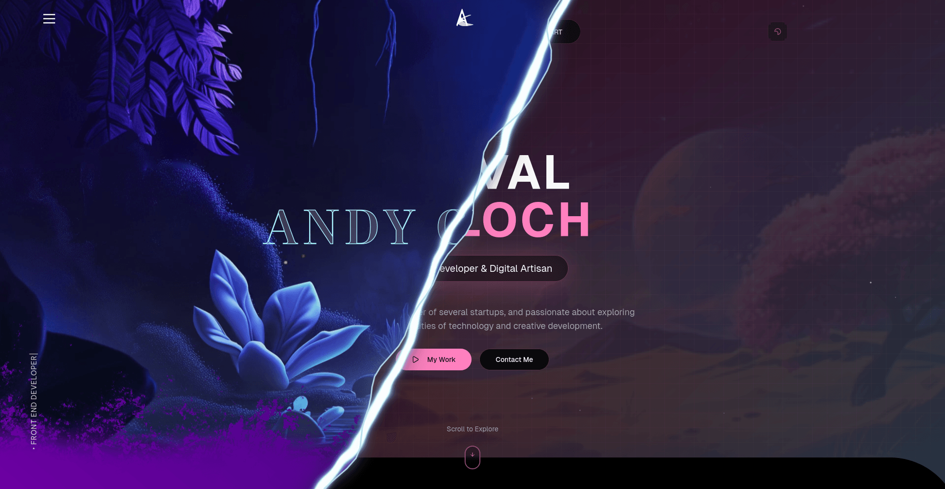 Split screen webpage design showcasing vibrant digital plant illustrations on the left and textual information about Andy Gloch, Developer & Digital Artisan, with a prominent 'Contact Me' button on the right.