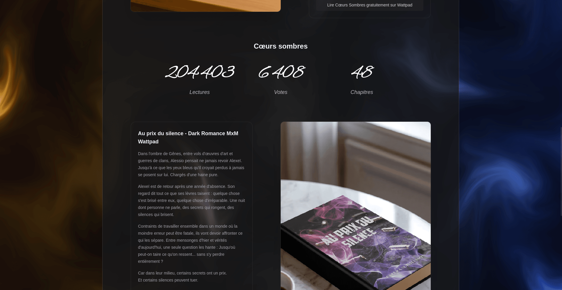 Dark-themed webpage showcasing the Wattpad story 'Au prix du silence', featuring key statistics: 204,403 reads, 640 votes, and 48 chapters, along with a colorful abstract book cover.