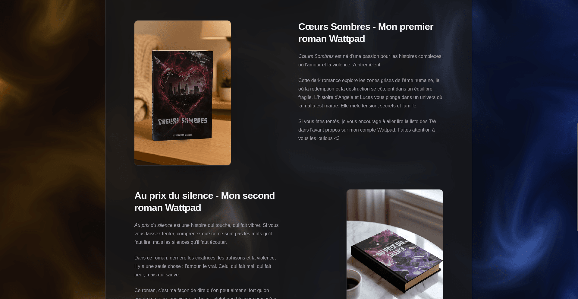Website layout featuring two novels by the same author on a dark-themed background. The left showcases the cover of 'Cœurs Sombres' with a heart shaped city silhouette, and below it is a description of 'Au prix du silence.' Both novels explore themes