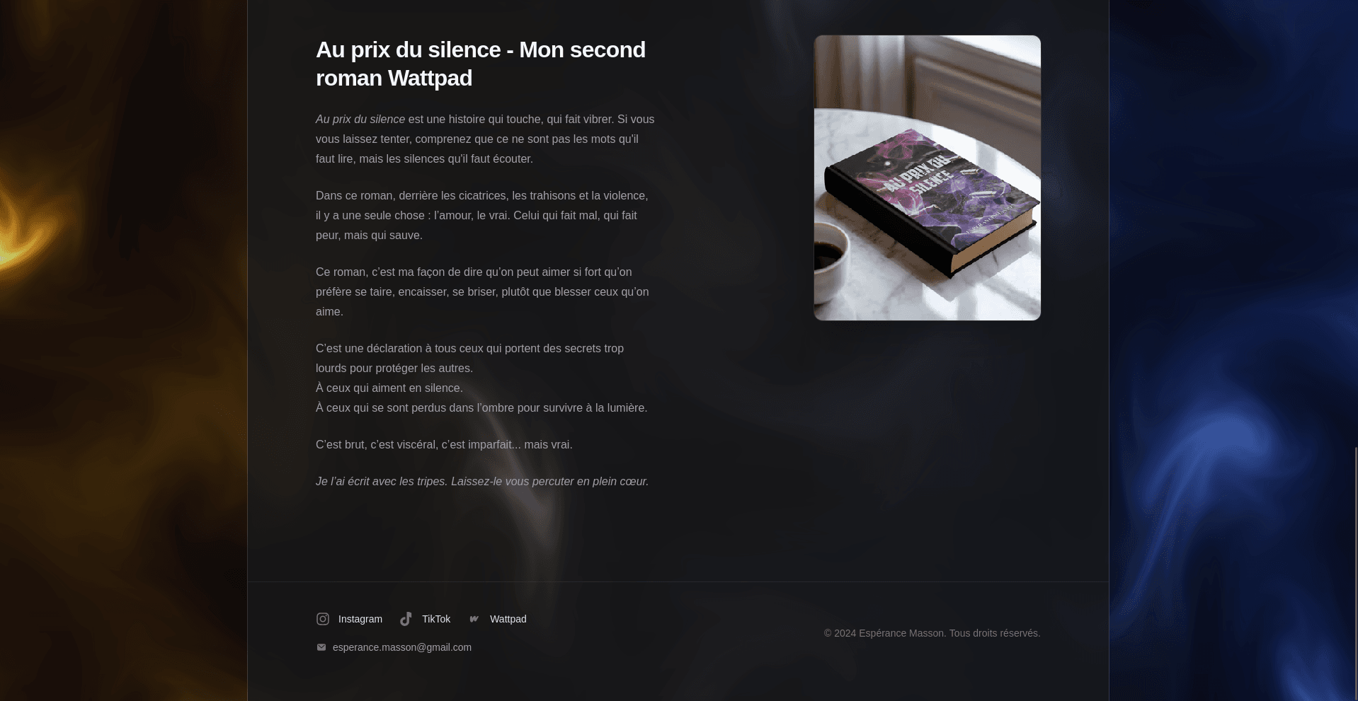 The book 'Au prix du silence' on a white table with a cup of coffee, showcasing its vibrant purple and orange cover against a dark textured background. The image highlights themes of love, betrayal, and personal struggle.