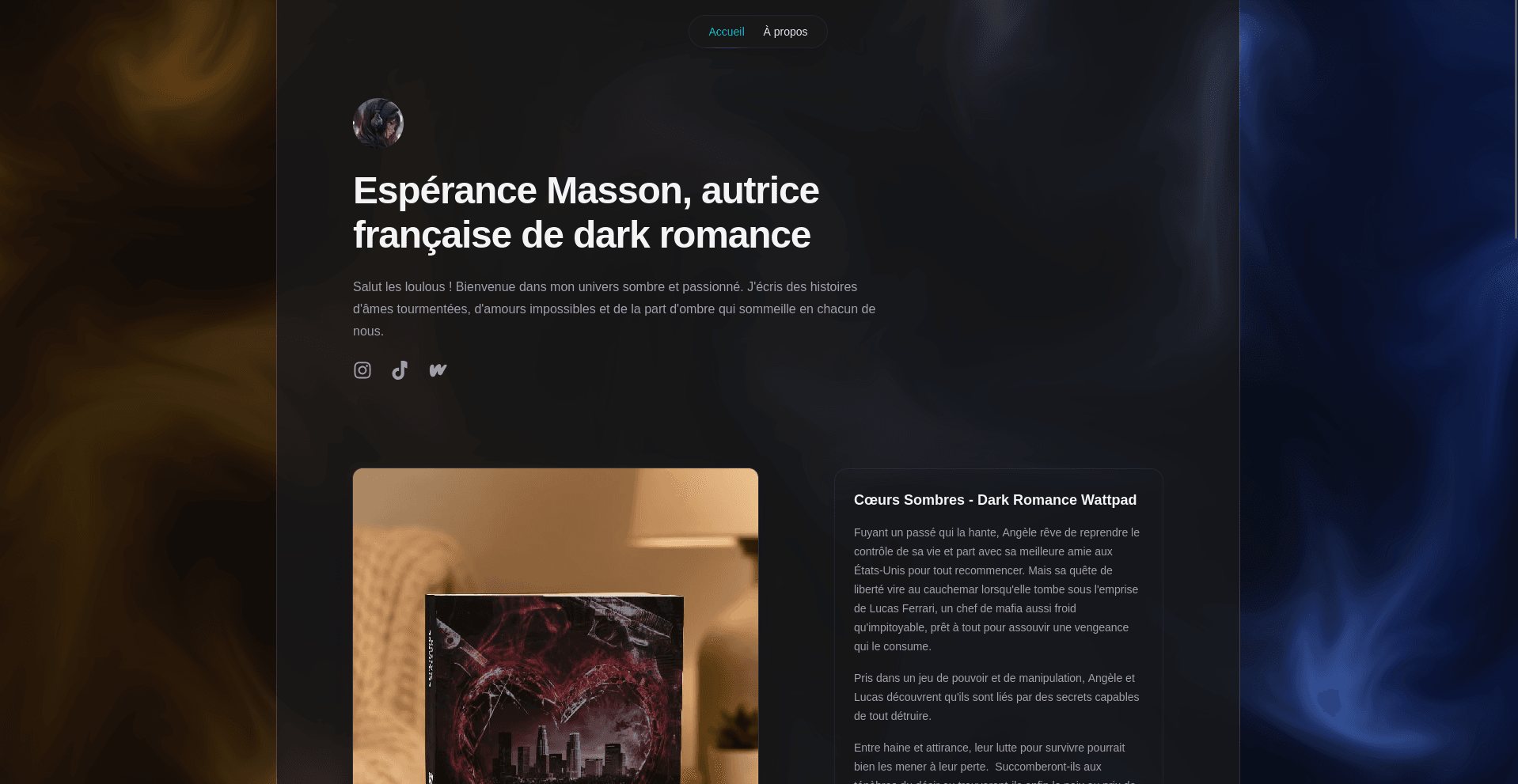 Dark-themed webpage introducing Espérance Masson, a French author known for her captivating dark romance novels. The design features moody colors, smoke-like backgrounds, and the book cover for 'Cœurs Sombre'.