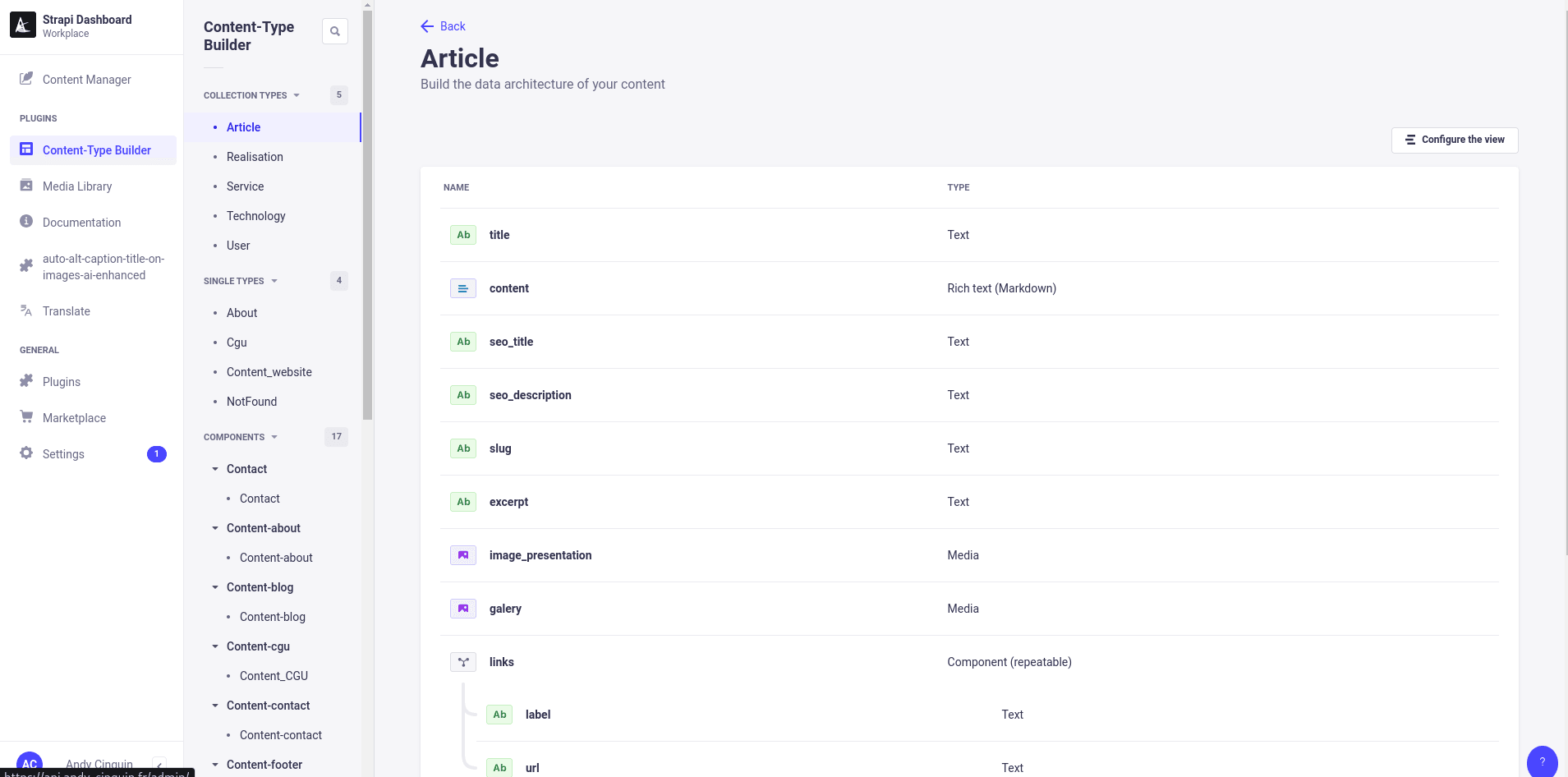 Screenshot of the 'Content-Type Builder' section within the Strapi platform displaying the structure for an 'Article' type with various fields and data types.