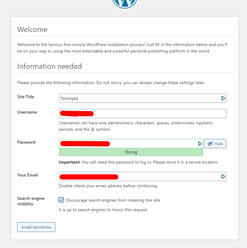 WordPress installation setup screen displaying site information fields and password strength indicator with an option to discourage search engine indexing