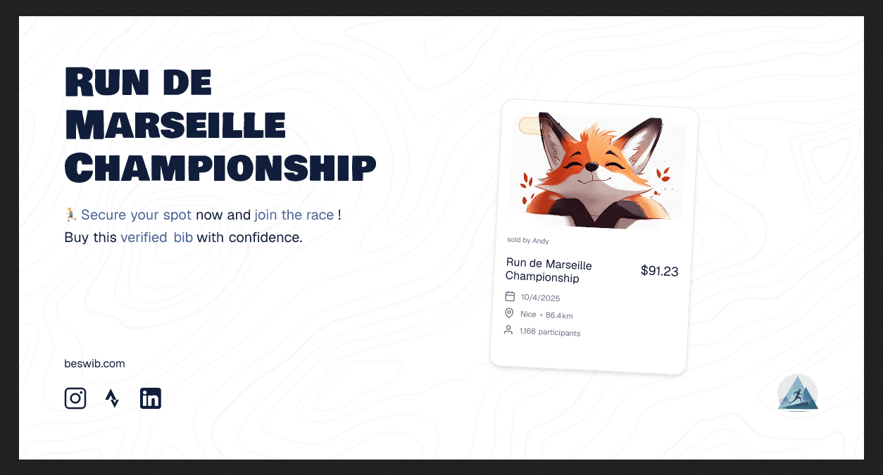 Promotional graphic for the Run de Marseille Championship featuring a cartoon fox illustration. Event details include date (10/4/2025), location (Nice), distance (86.4km), entry price ($91.23), and participant count (1,168). Includes social media ico