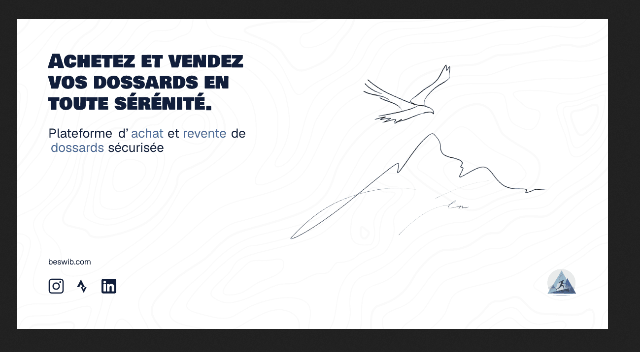 Minimalist mountain landscape with an eagle soaring, showcasing a secure platform for buying and selling race bibs with the text 'Achetez et vendez vos dossards en toute sérénité'.