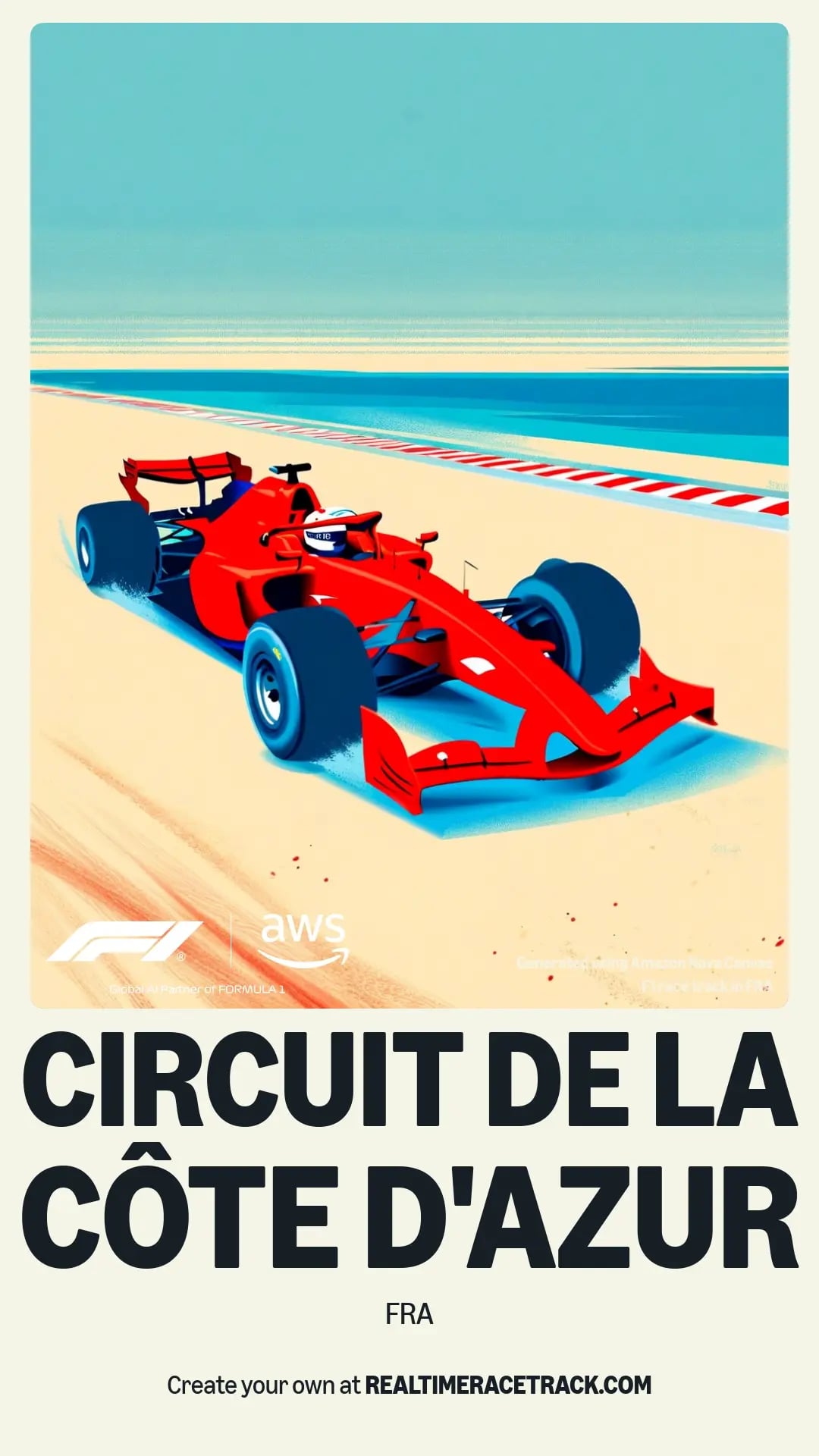 Vibrant illustration of a red Formula 1 car speeding on the sandy track of Circuit de la Côte d'Azur, with a stunning view of the blue ocean and the French Riviera.