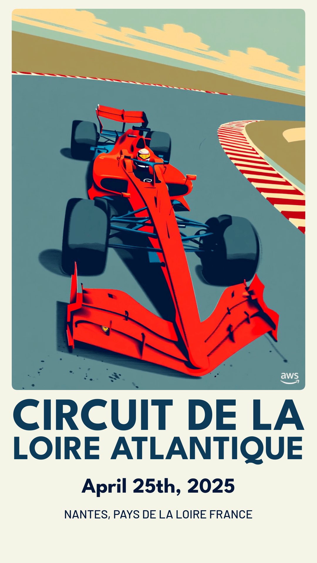 Vibrant illustration of a red racing car speeding on a curving track, featuring the event details 'CIRCUIT DE LA LOIRE ATLANTIQUE' and location 'NANTES, PAYS DE LA LOIRE, FRANCE'.
