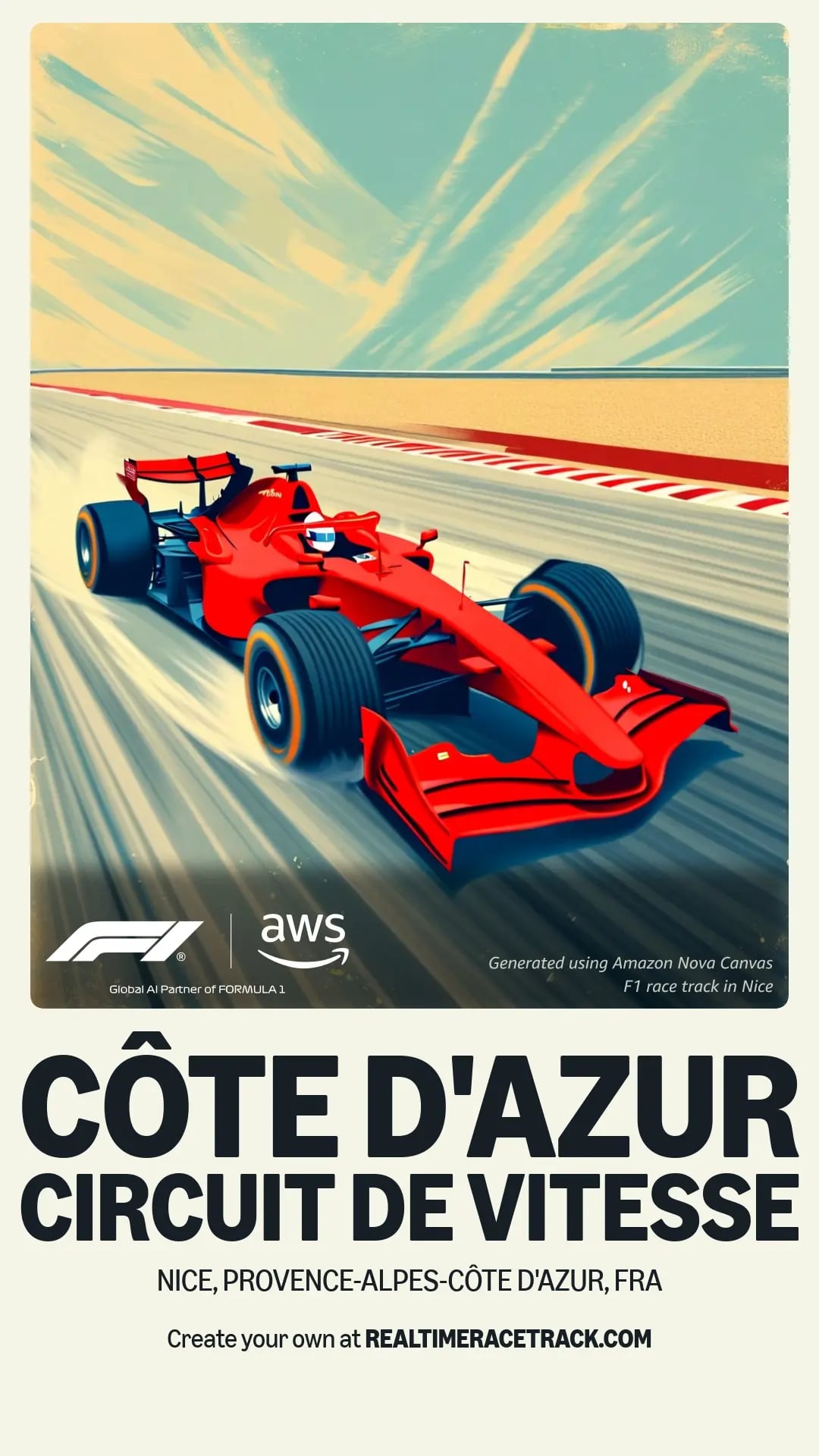 Sleek red Formula 1 racing car in motion against blue and beige streaks depicting speed, set at Côte d'Azur race track in Nice, France, featuring Formula 1 and AWS logos.