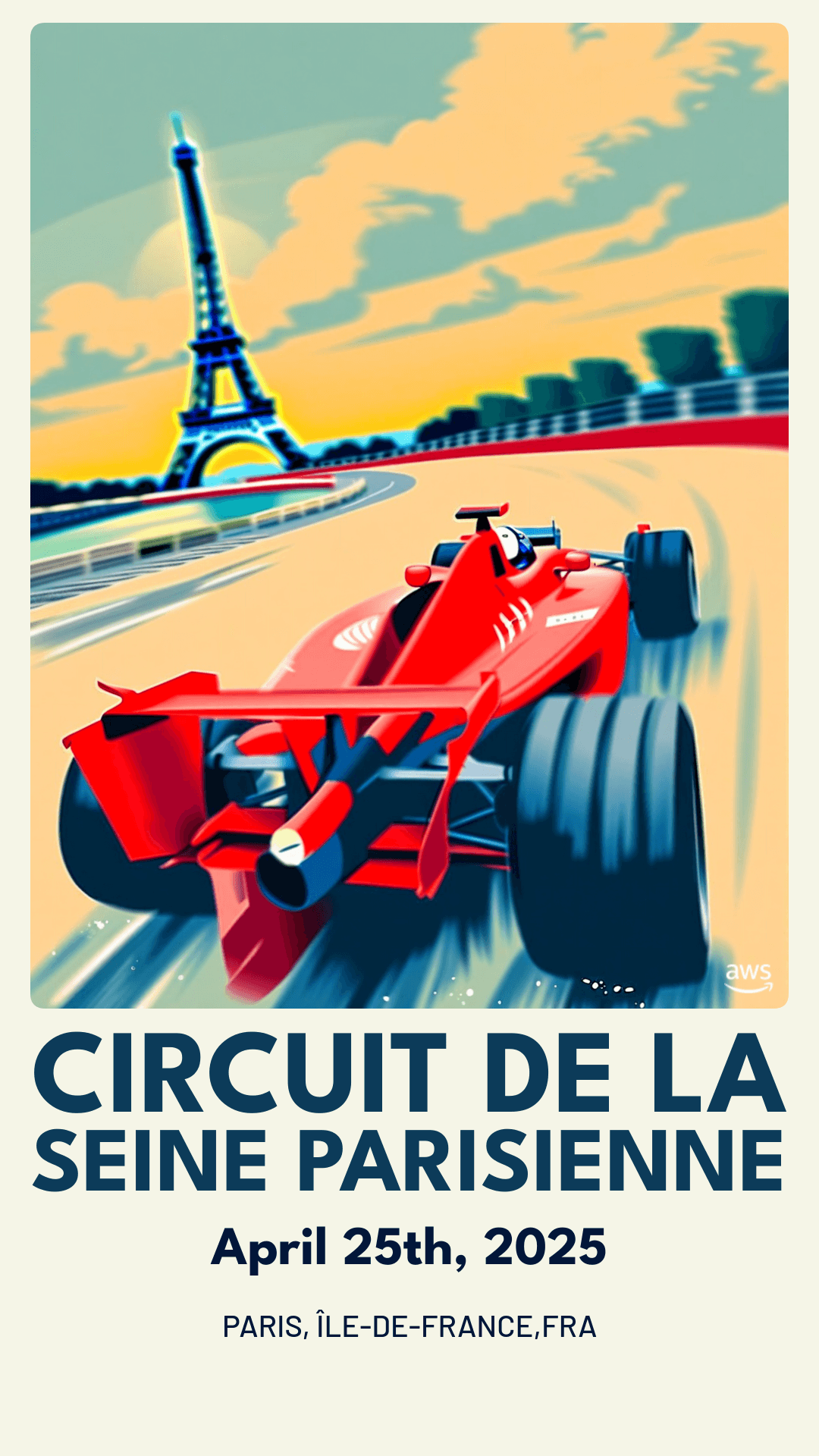 Vibrant digital illustration of a red racing car in motion on a curved track, with the Eiffel Tower in the background, promoting the Circuit de la Seine Parisienne event on April 25th, 2025.