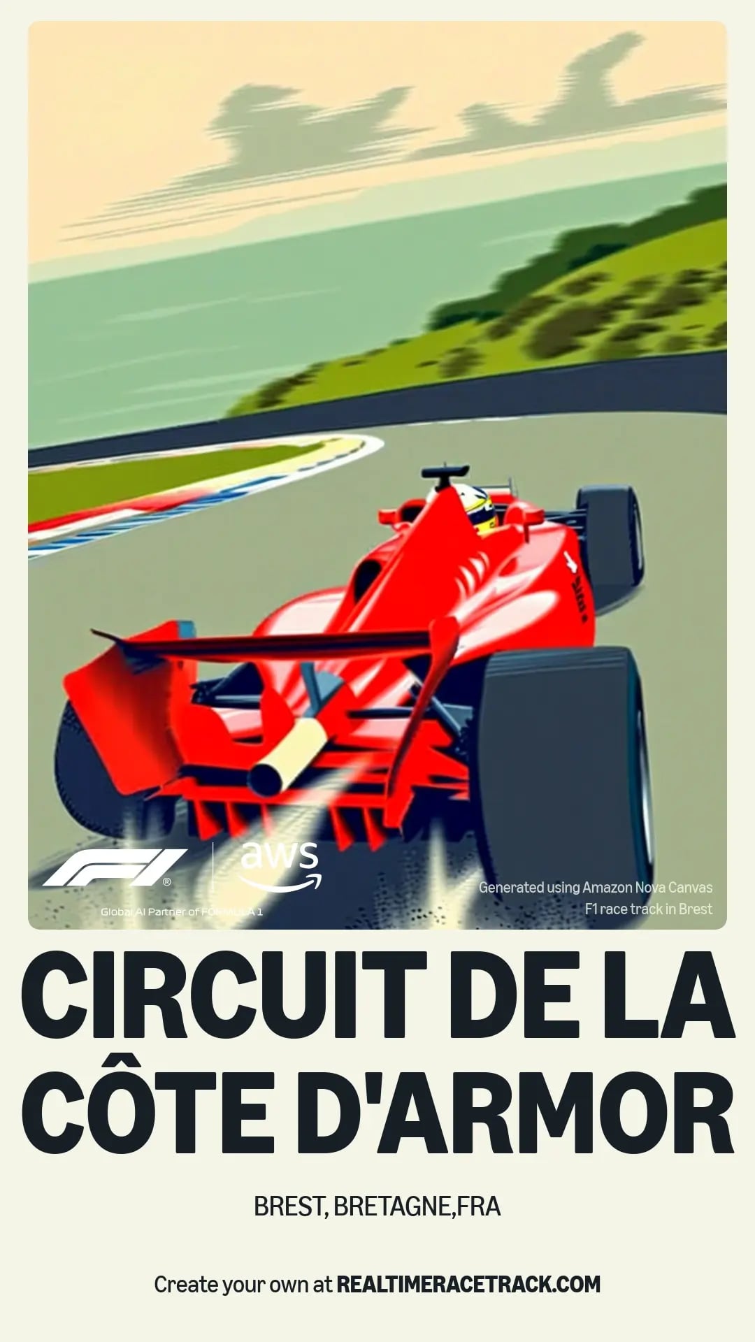 Dynamic illustration of a red Formula 1 race car speeding around a curving track at Circuit de la Côte d'Armor, Brest, Bretagne, France.