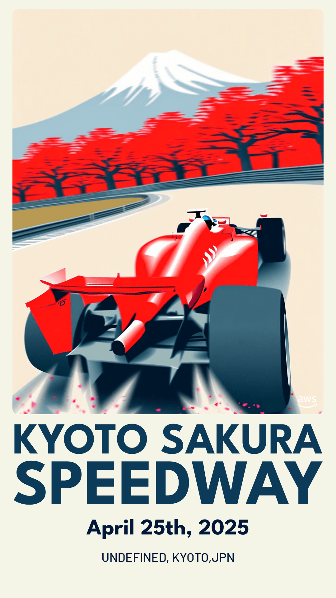 Vibrant poster of a red racing car on a curving racetrack with Mount Fuji and cherry blossom trees in the background. Date April 25th, 2025, and text 'KYOTO SAKURA SPEEDWAY' included.