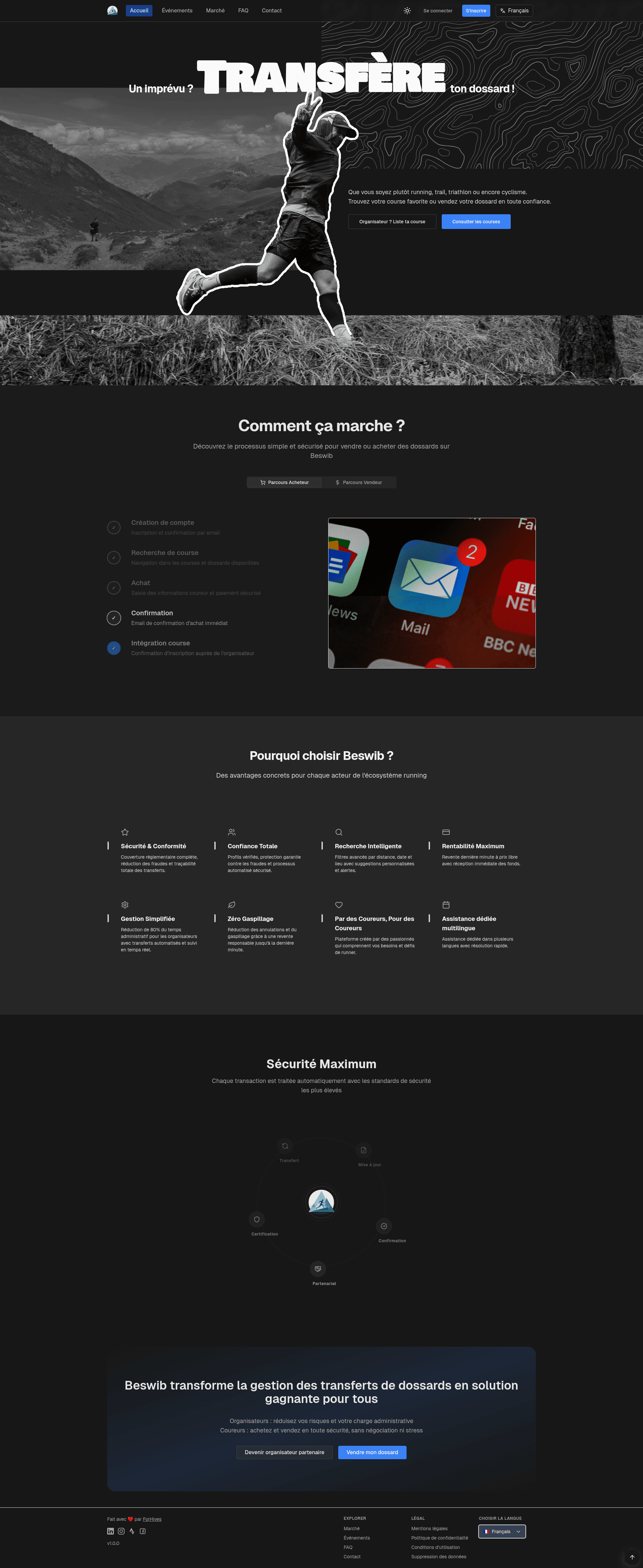 Website design for Beswib, highlighting document transfer services with a modern dark layout and white text. Features dynamic figure representing movement, user-friendly sections including 'How it works?' and security benefits.