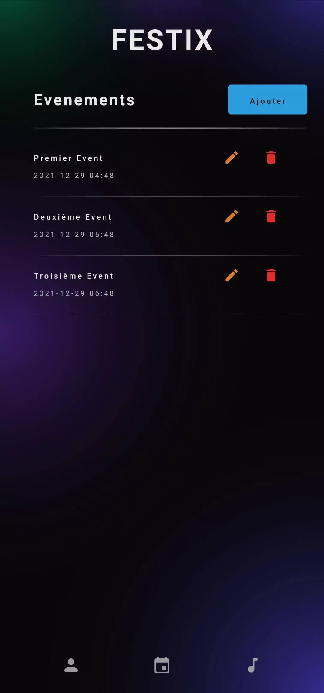 Smartphone screen displaying FESTIX app interface with 'Evenements' section and list of events with edit and delete options