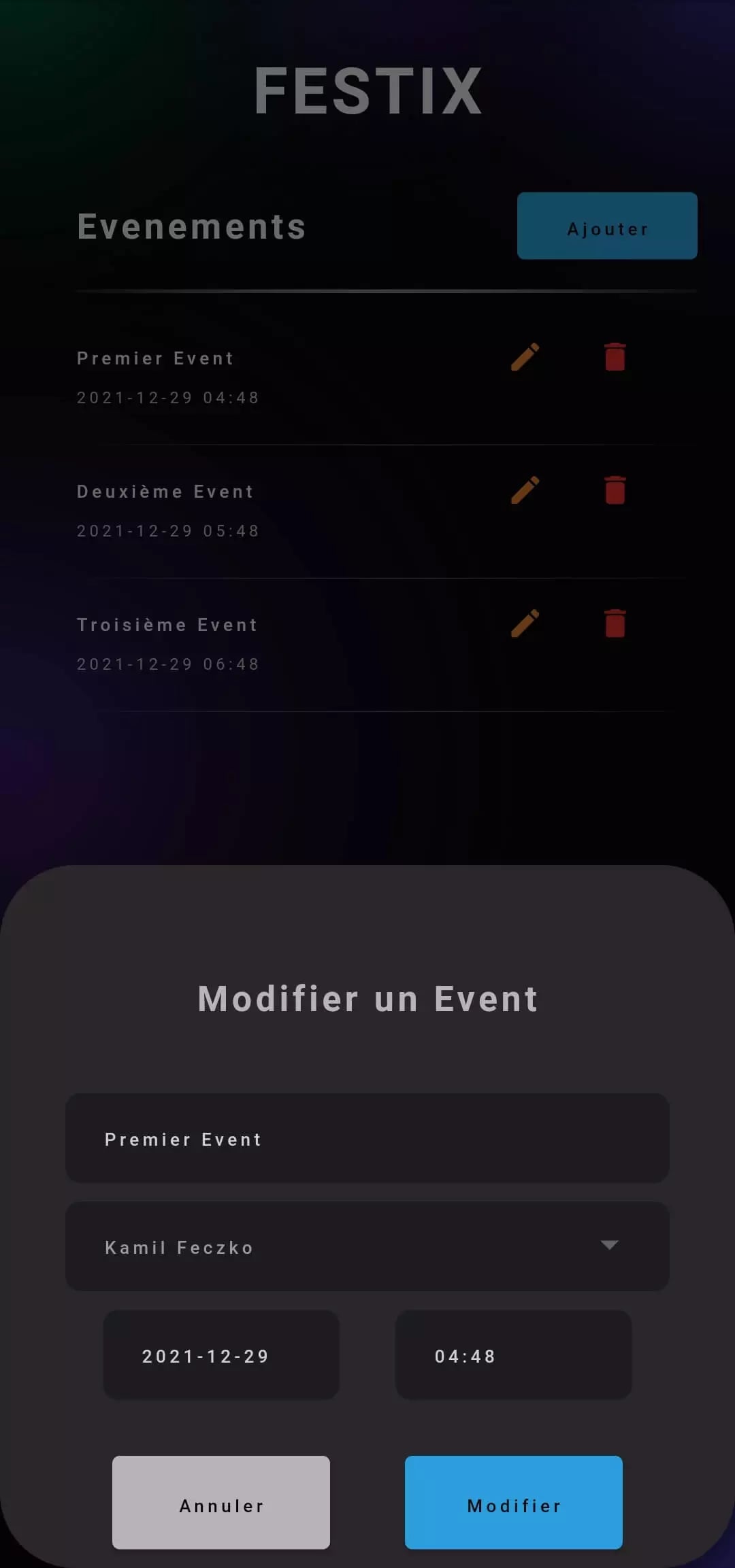 Screenshot of FESTIX event management app interface showing list of events and event editing interface