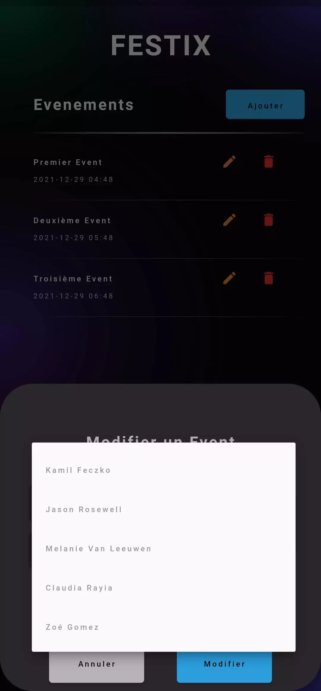 Screenshot of FESTIX event management app interface showing a list of events and edit event dialog box