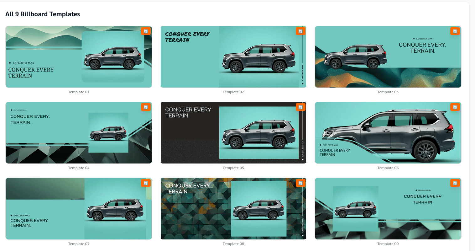 Collection of nine colorful billboard templates featuring a sleek SUV with the text 'Conquer Every Terrain', designed for promoting rugged exploration.
