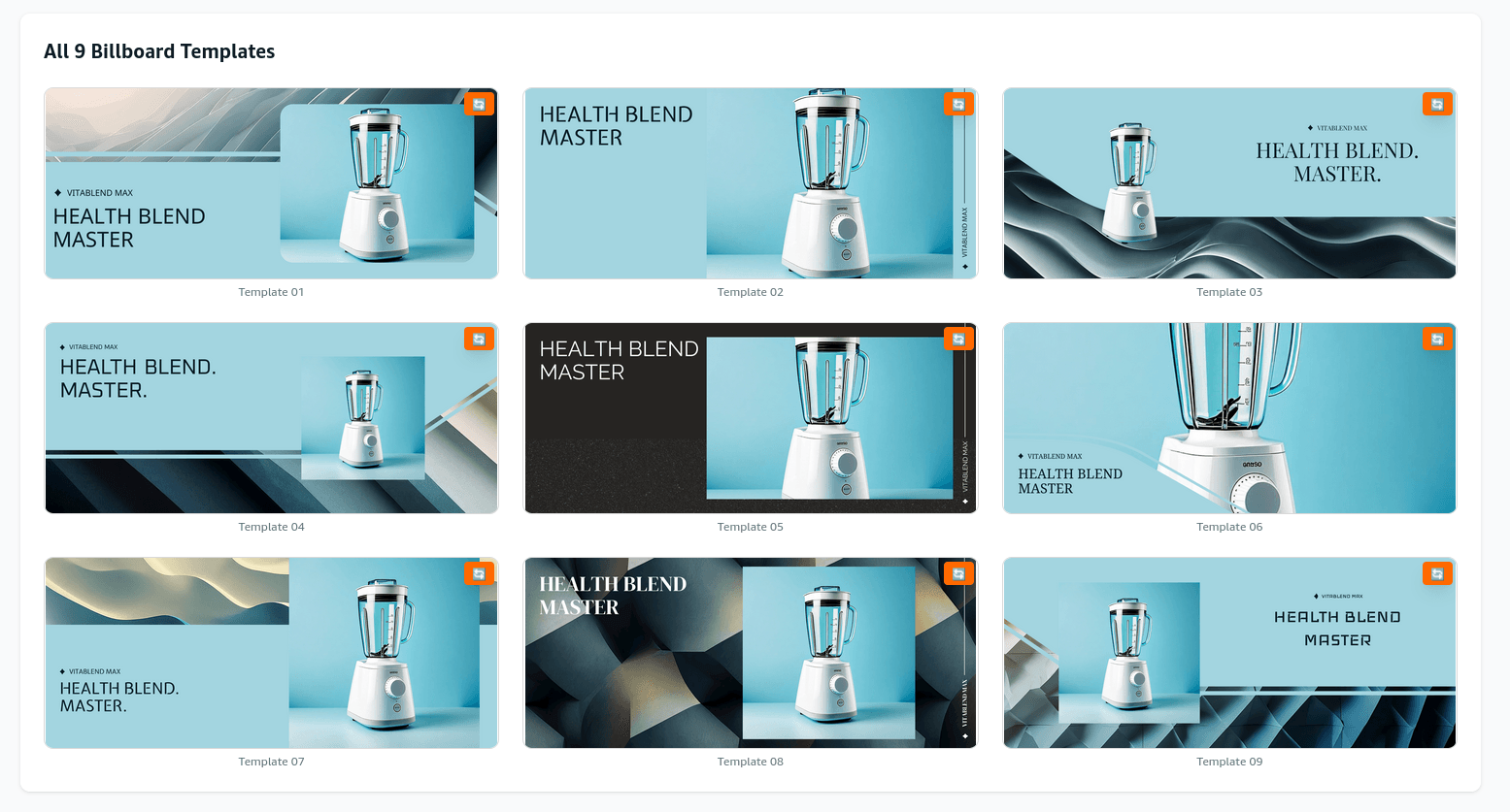 Collage of nine billboard templates for the Health Blend Master blender, featuring various designs, colors, and angles highlighting the product's sleek design and functionality.