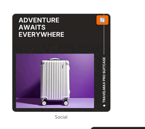 Sleek white Travelmax Pro suitcase against a vibrant purple background with bold text 'ADVENTURE AWAITS EVERYWHERE' encouraging travel and exploration.