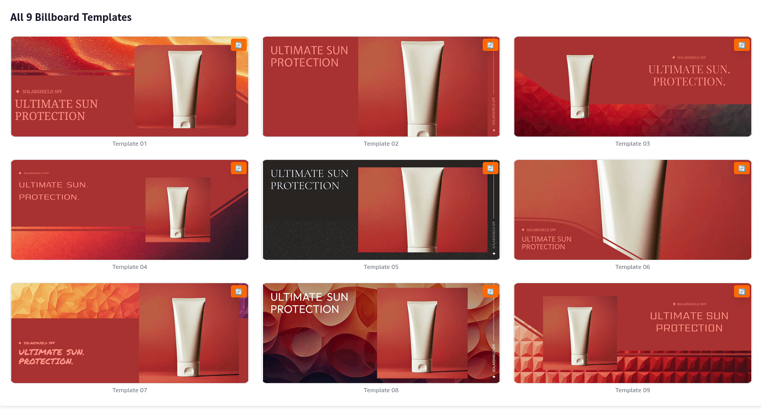 Collection of nine billboard templates showcasing sun protection product designs featuring 'ULTIMATE SUN PROTECTION' in various styles. Templates are designed for marketing skincare and sun care products, presented in a vibrant color palette.