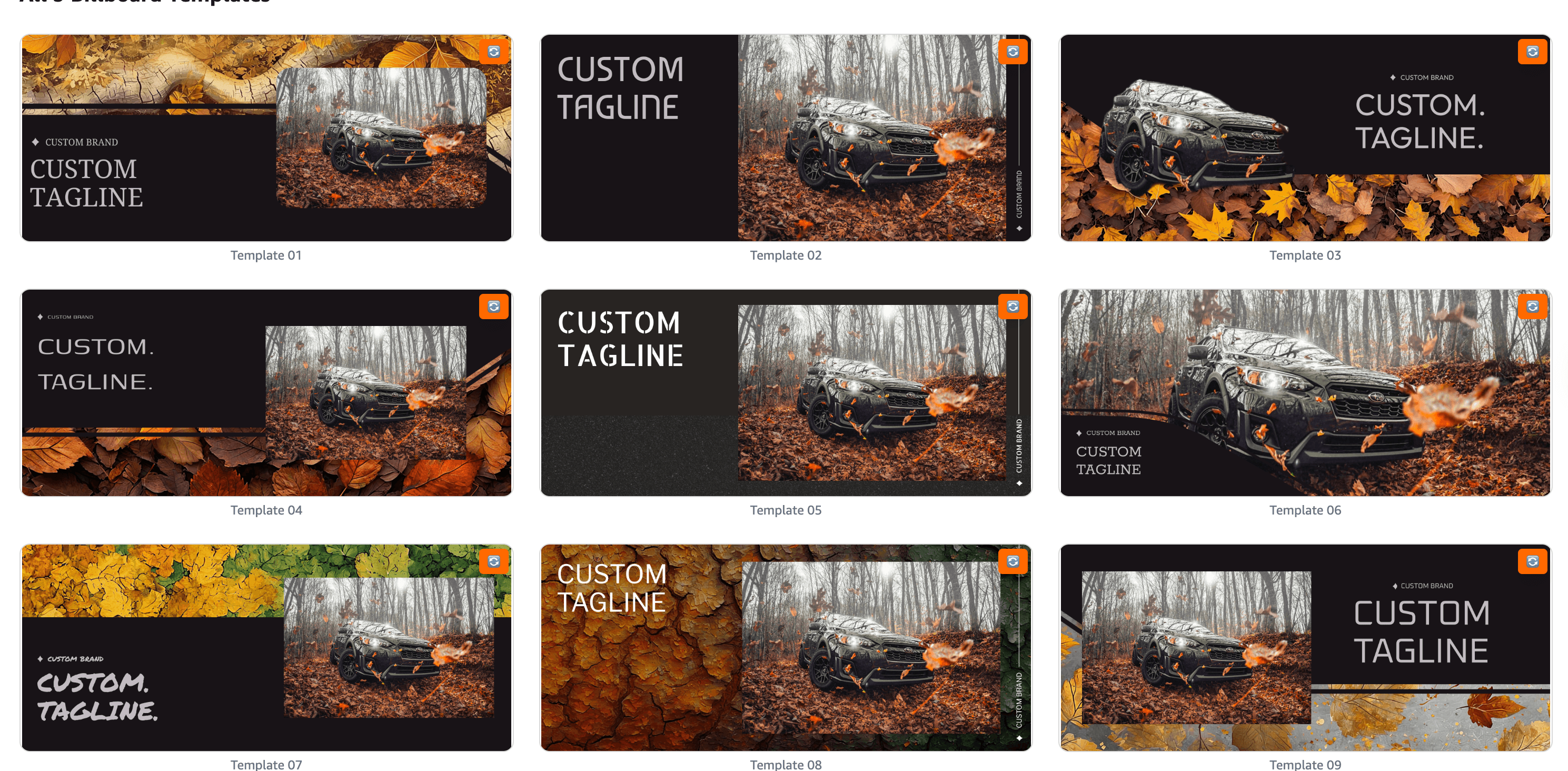A collection of nine customizable templates featuring autumn leaves and vehicles in a forest, designed for promotional use with space for brand names and taglines.