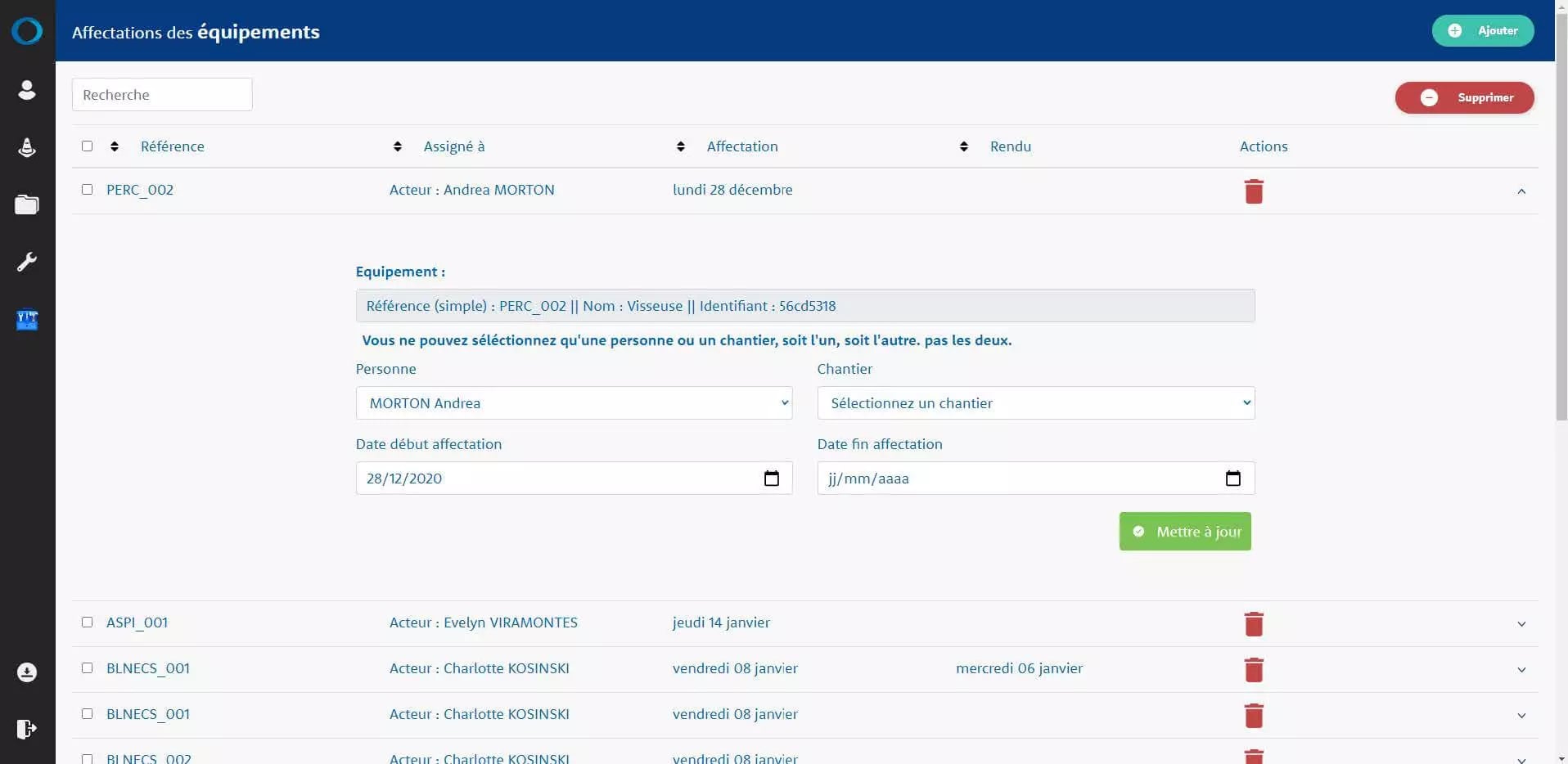 Screenshot of a French software application interface for managing equipment assignments, with fields for equipment references, assignment dates, assigned individuals, and action buttons like 'Add' and 'Delete'