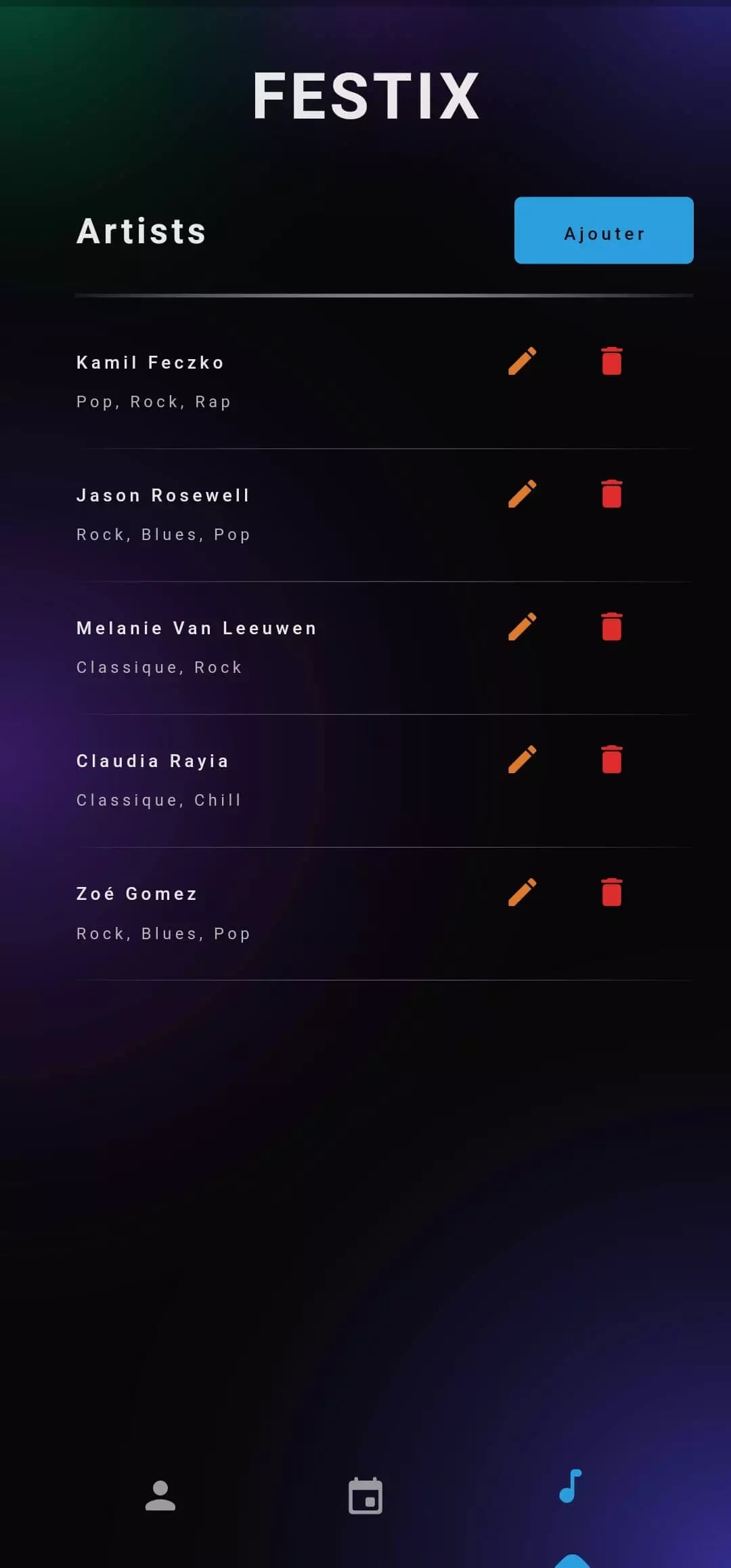 Screenshot of FESTIX mobile app showing a dark-themed interface with a list of artists categorized by music genres and options to edit or add entries.