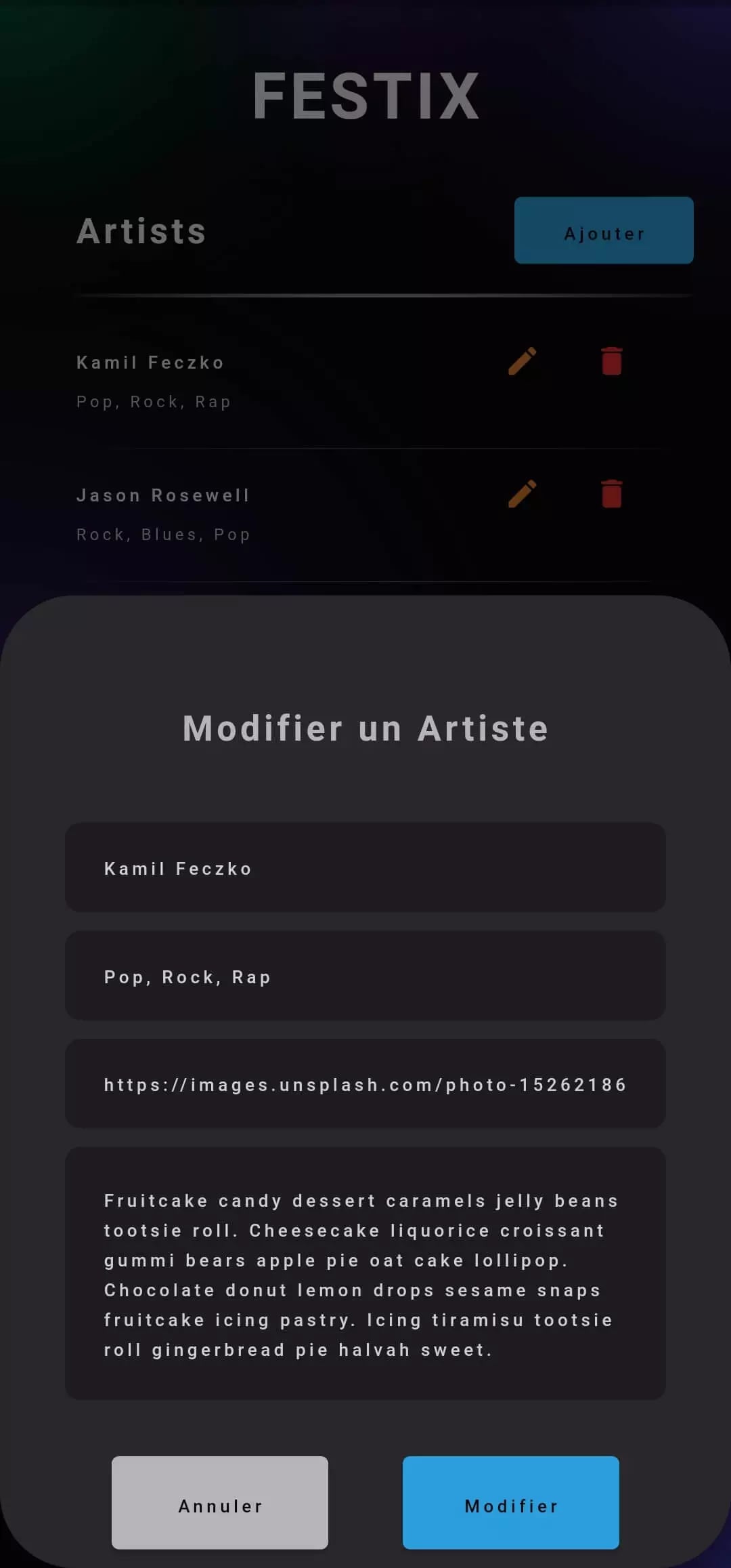 Screenshot of FESTIX music event app interface displaying list of artists and artist details editing popup box in French