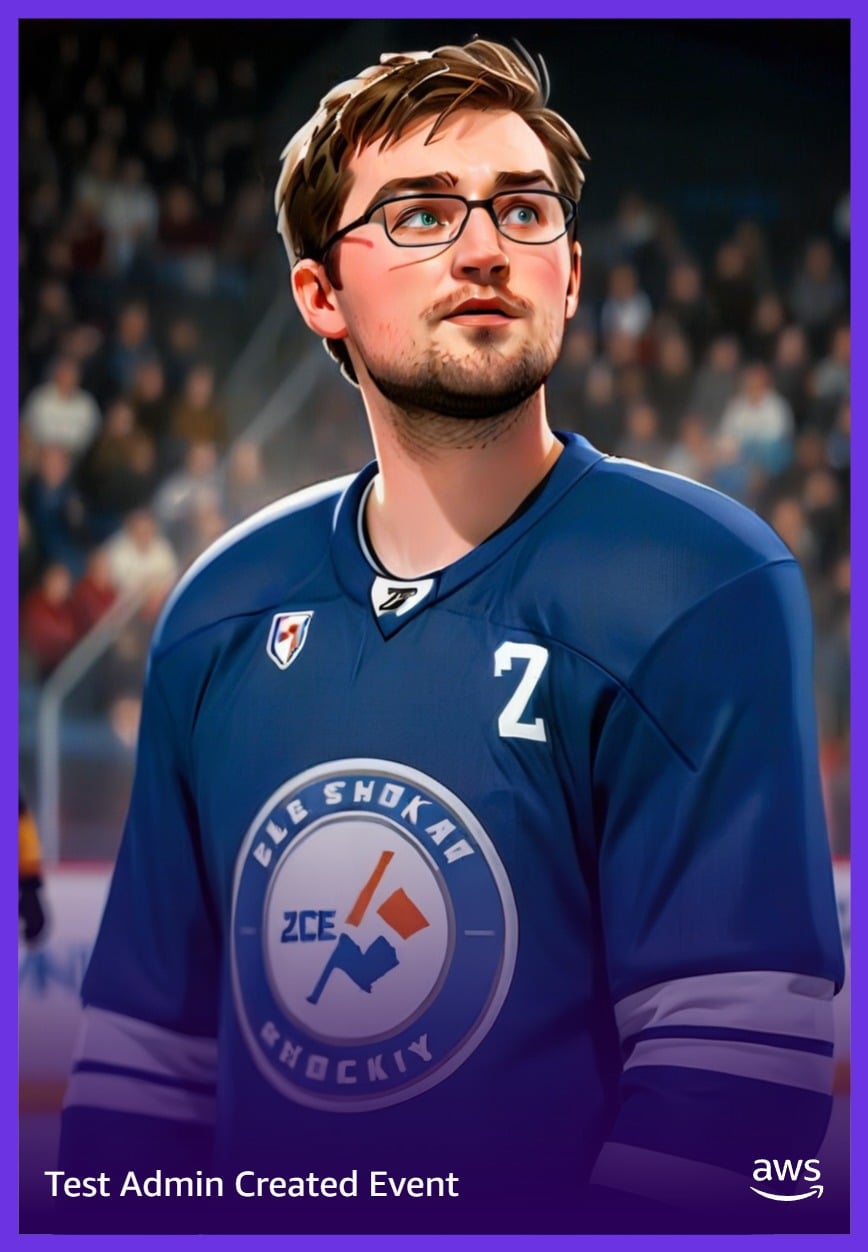 Illustrated image of a young man in a dark blue hockey jersey with the number 2 and ZCE Shokan Hockey logo, set against an ice hockey rink backdrop filled with spectators.