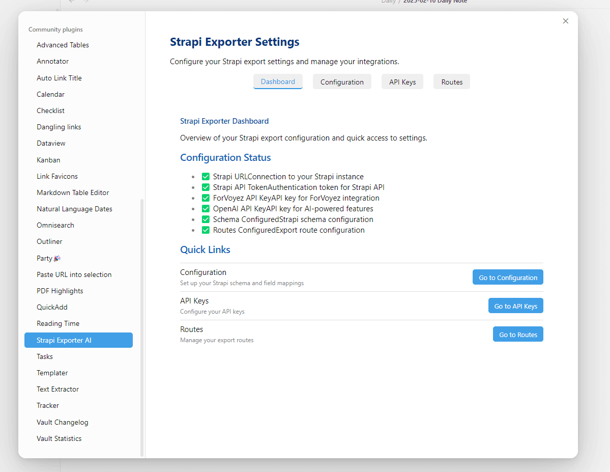 Screenshot of the Strapi Exporter Settings dashboard showcasing the interface with community plugins, configuration statuses, and quick links for managing API keys and routes.