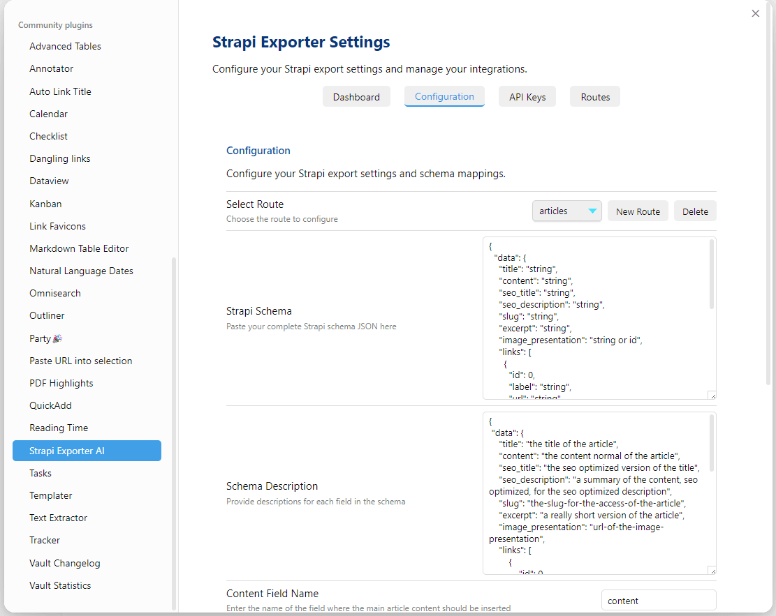 Screenshot showing the Strapi Exporter Settings interface with configuration panel displaying 'Configuration', 'Schema Description', and 'Content Field Name'. The sidebar includes community plugin options like 'Advanced Tables', 'Annotator', and 'Mar