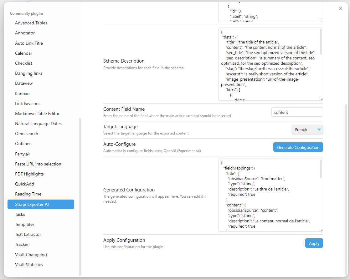 Screenshot of a user interface displaying community plugins for content management systems, showcasing plugin list and JSON configuration for article metadata.