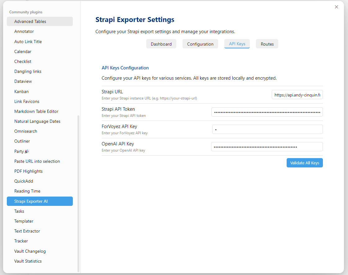 Settings interface of Strapi Exporter showing API Keys configuration, including Strapi URL, API Tokens, and community plugins like Advanced Tables and Calendar.
