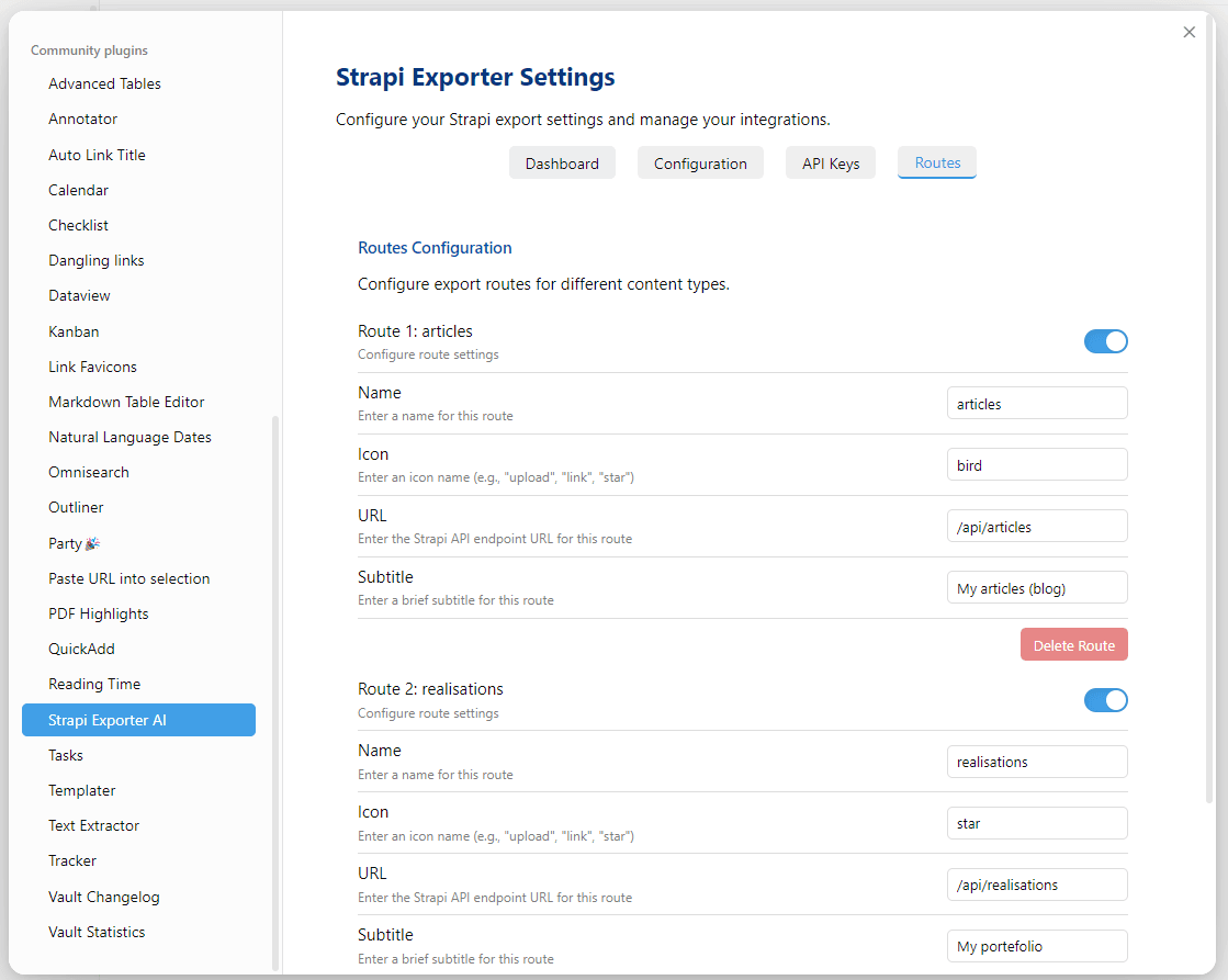 Strapi Exporter Settings interface displaying export routes configuration options for articles and realizations, with community plugins on the left sidebar.