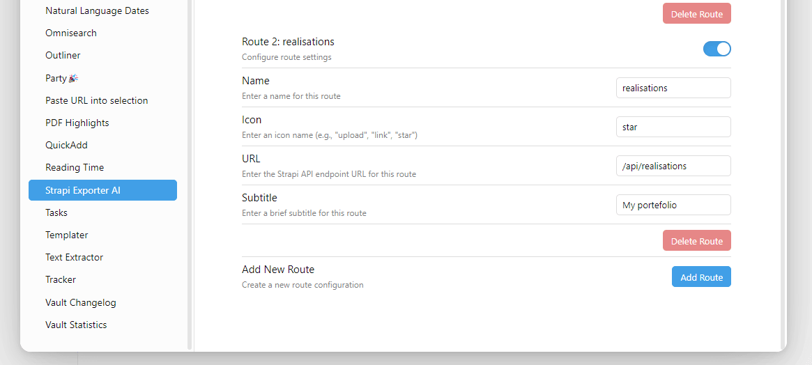 Screenshot of a user interface for configuring API routes, showing sidebar options for settings like Natural Language Dates and Strapi Exporter AI, along with fields for route name, icon, URL, and subtitle.