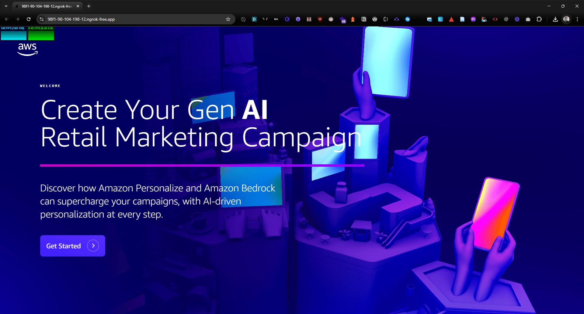 Digital user interface for a marketing campaign showcasing generative AI solutions, featuring a bold title, subheading on Amazon Personalize and Amazon Bedrock benefits, and a prominent 'Get Started' button against a deep blue and purple gradient bac