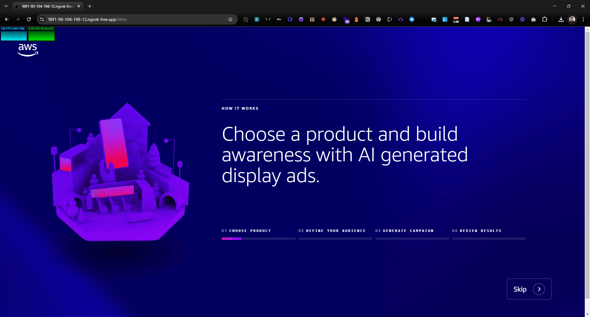 A vibrant blue and purple gradient background featuring a futuristic cityscape structure and text promoting AI-generated display ads, with a step-by-step guide on product awareness strategies.