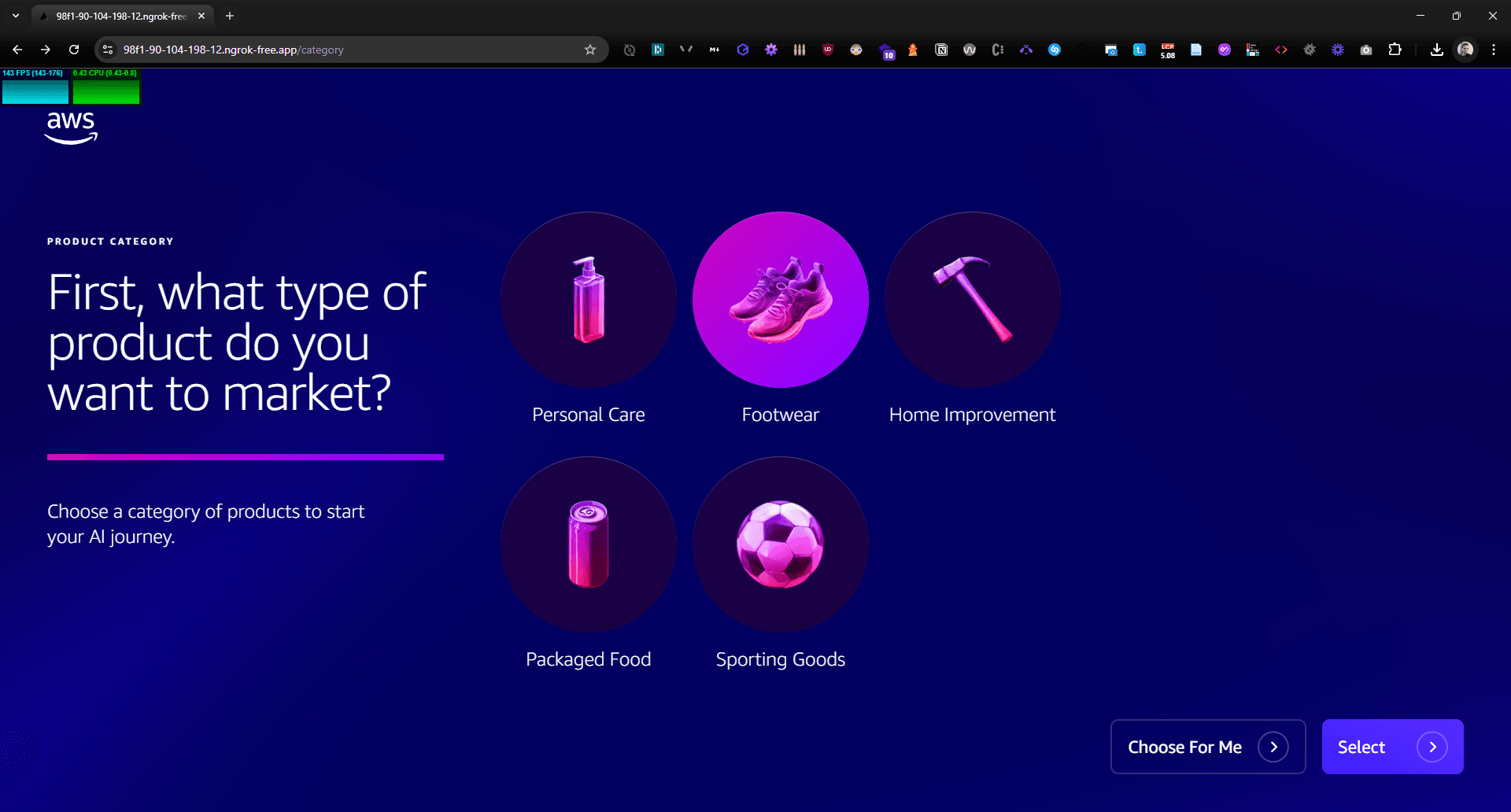 Digital interface showcasing product category selection with five icons: Personal Care, Footwear, Home Improvement, Packaged Food, and Sporting Goods against a deep purple background.
