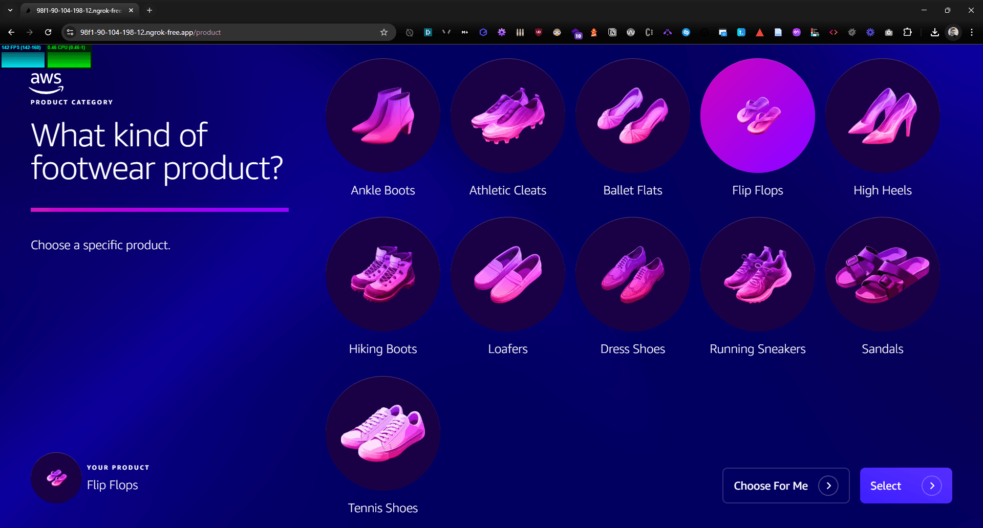 Digital footwear selection interface with vibrant purple gradient background, showcasing various footwear categories including Flip Flops, Ankle Boots, and High Heels.