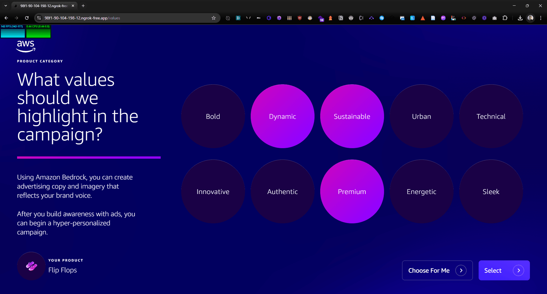 A digital interface showcasing circular buttons representing campaign values such as Bold, Dynamic, Sustainable, Urban, Technical, Innovative, Authentic, Premium, Energetic, and Sleek, with a deep blue background and text prompting to highlight value