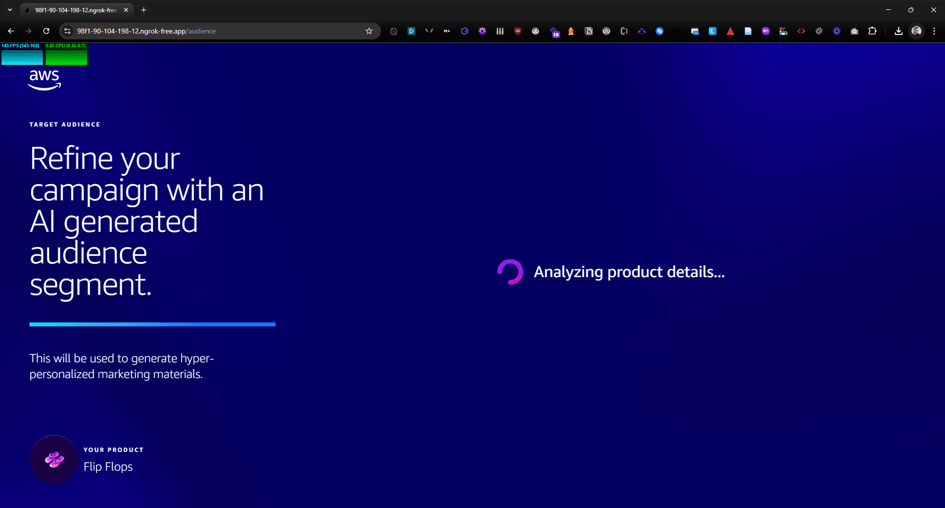 Digital interface of Amazon Web Services platform focusing on AI-generated audience segments for personalized marketing, featuring a loading animation for product analysis on Flip Flops.