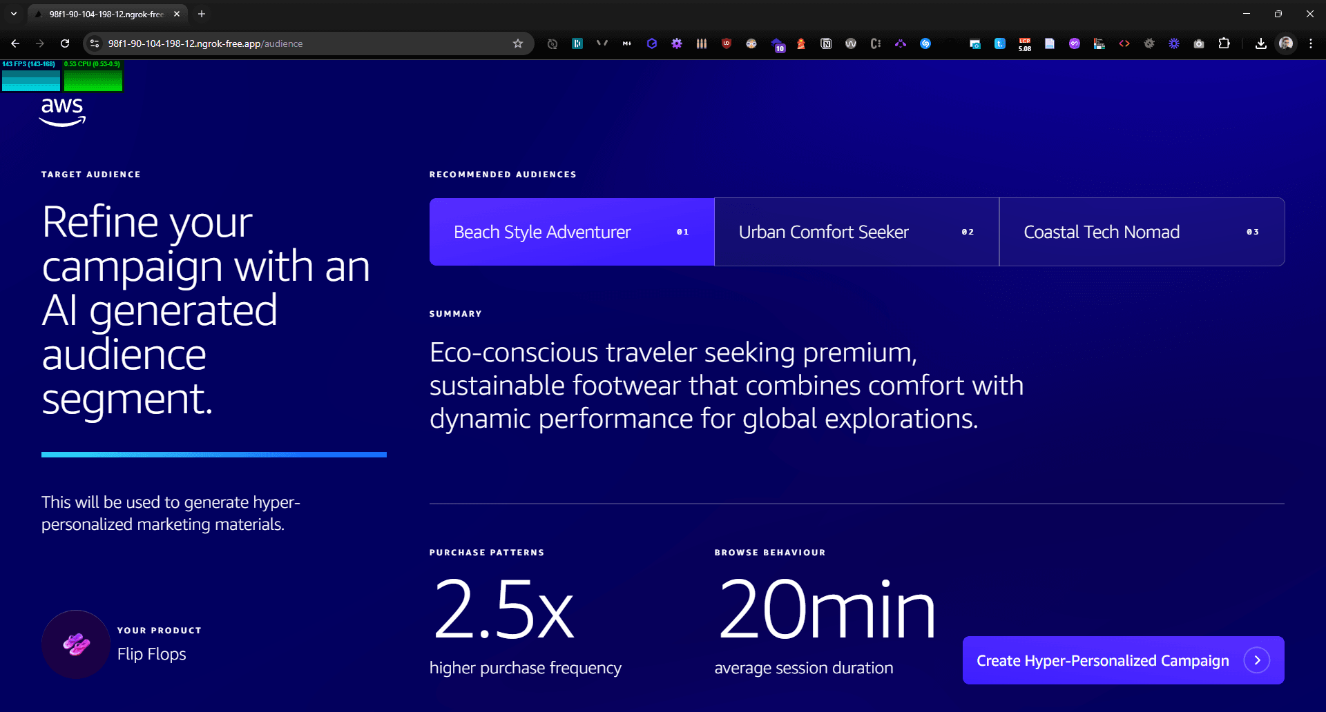 Digital interface showcasing AI-powered audience segmentation for eco-conscious travelers seeking sustainable footwear. Highlights areas of marketing strategy with audience segments like Beach Style Adventurer and Urban Comfort Seeker.