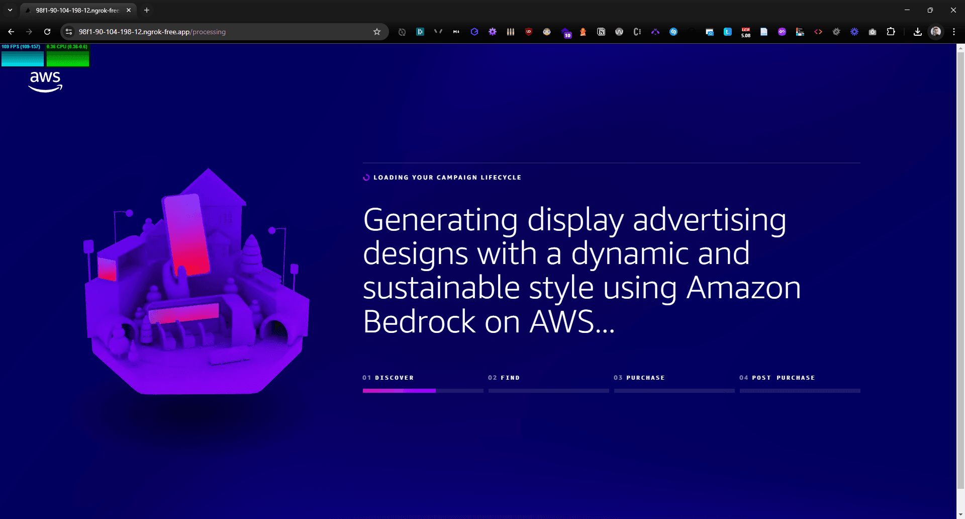 Digital interface loading screen for a campaign lifecycle tool, featuring vibrant purple gradient, 3D cityscape, and AWS logo. Text highlights 'Generating display advertising designs with a dynamic and sustainable style using Amazon Bedrock on AWS.'