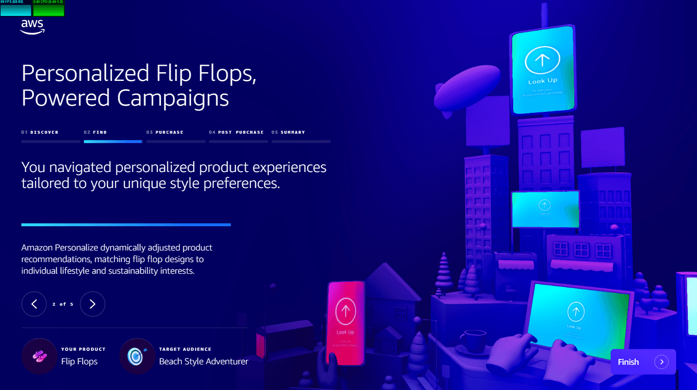 A vibrant digital interface displaying a personalized flip flops campaign with a colorful cityscape background and interactive navigation elements.