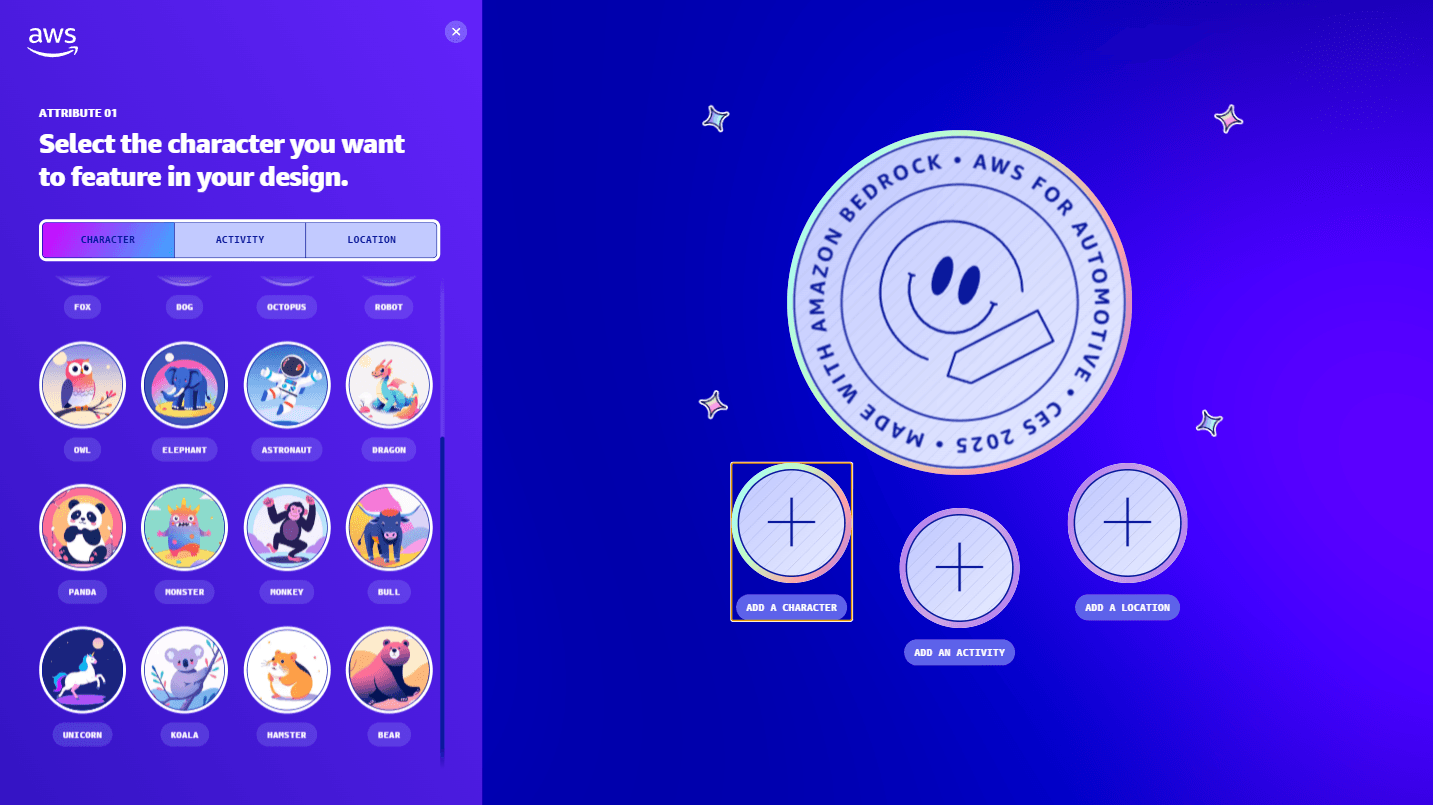 A vibrant character selection interface for a design project by Amazon Bedrock featuring an array of whimsical characters, including a fox, octopus, and panda, set against a bright blue background.