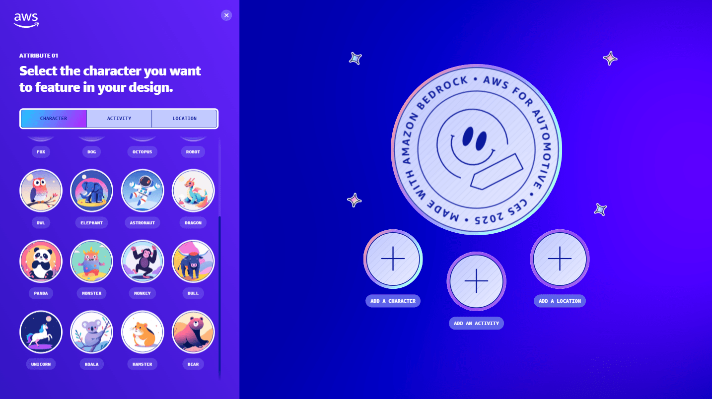 Vibrant digital interface with character selection options featuring cartoon characters like fox, dog, octopus, and dragon, alongside Amazon Bedrock logo and interactive buttons for adding characters, activities, and locations.