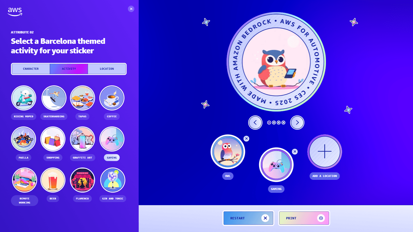 Colorful user interface for selecting Barcelona-themed stickers featuring activities like riding moped, skateboarding, and enjoying tapas. Central badge displays 'MADE WITH AMAZON BEDROCK • AWS FOR AUTOMOTIVE • CES 2023' with an illustrated owl, set 